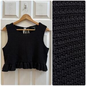 Lulus Black Crochet Knit Sweater Crop Tank Top Ruffle Trim Large Festival Vacay